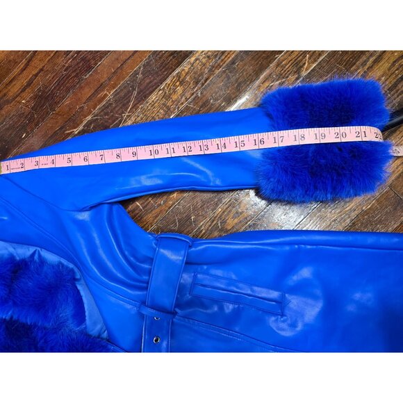 Y2K Does 70s Bright Blue Faux Leather Penny Lane Coat Belted - Picture 14 of 16